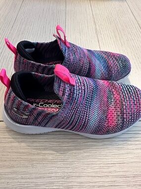 Skechers Kids Slip-On Knit Sneakers in Pink, Blue and Black